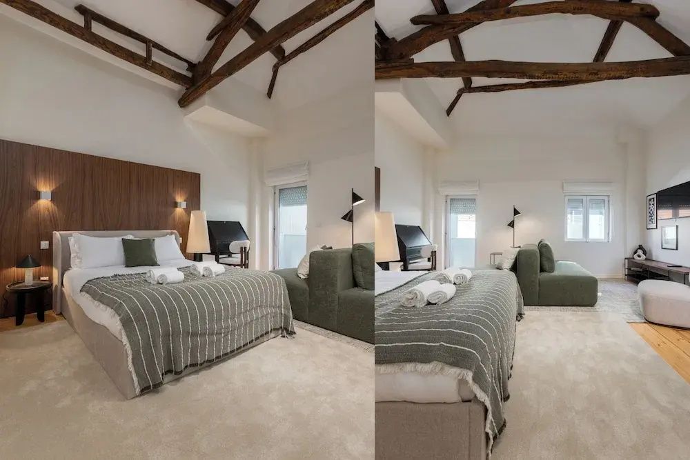 Zwei Ansichten eines Apartments mit rustikalen Holzbalken und Doppelbett.