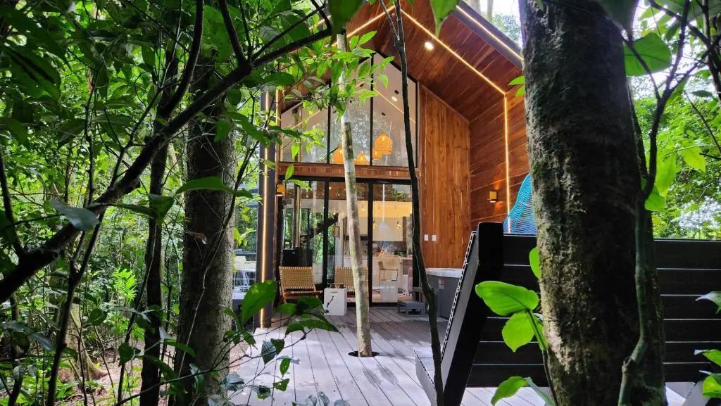 Moderne Holzhütte mit großen Glasfronten und einer Holzterrasse umgeben von Bäumen.
