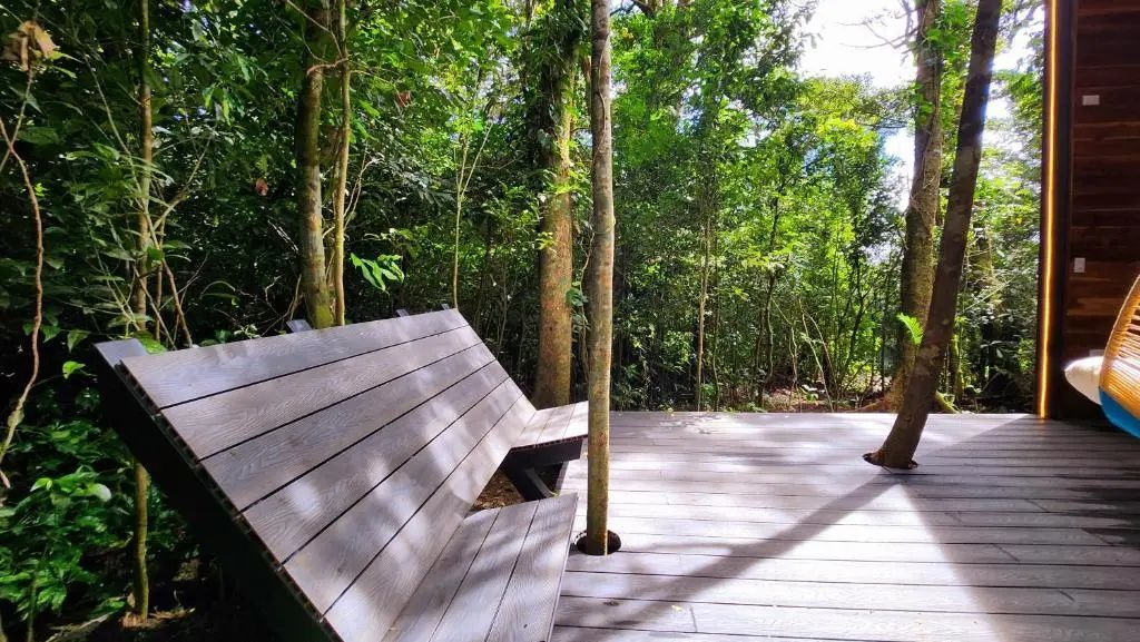 Holzterrasse mit integrierter Sitzbank mitten im Grünen zwischen Bäumen.