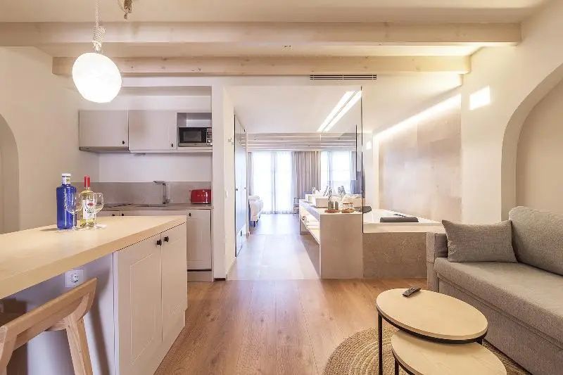 Offener Wohnbereich eines Apartments mit Küchenzeile, Sitzgelegenheit und Blick ins Zimmer.