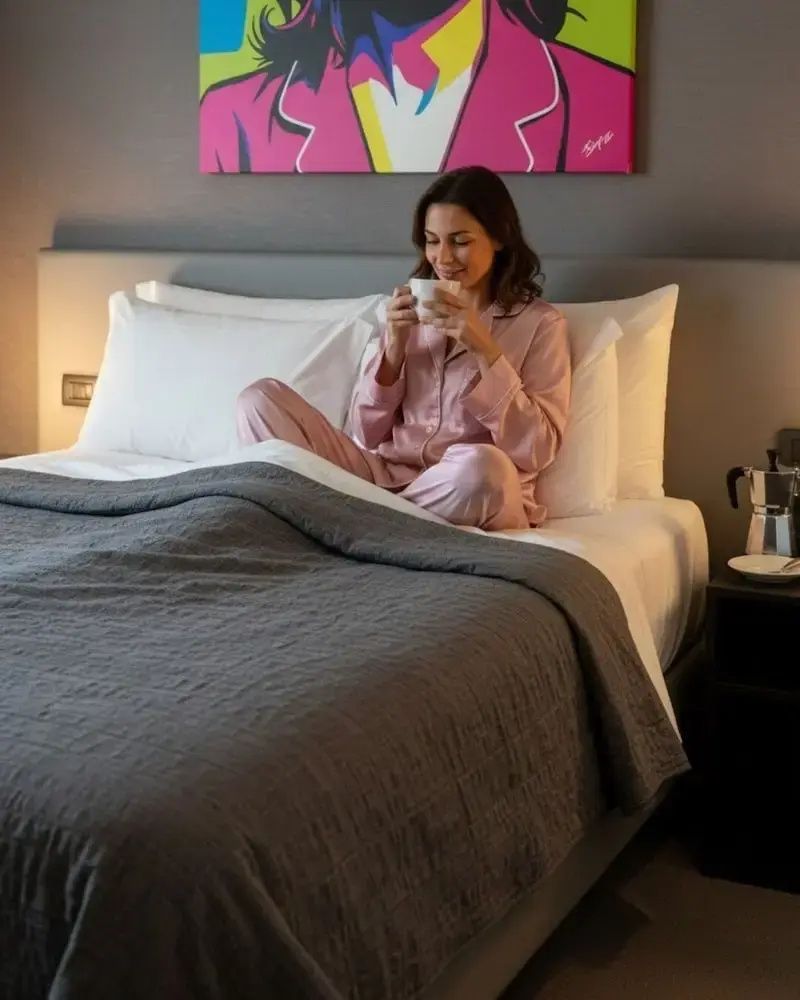 Eine Frau im rosa Schlafanzug sitzt mit einer Kaffeetasse auf dem Doppelbett im Hotelzimmer.