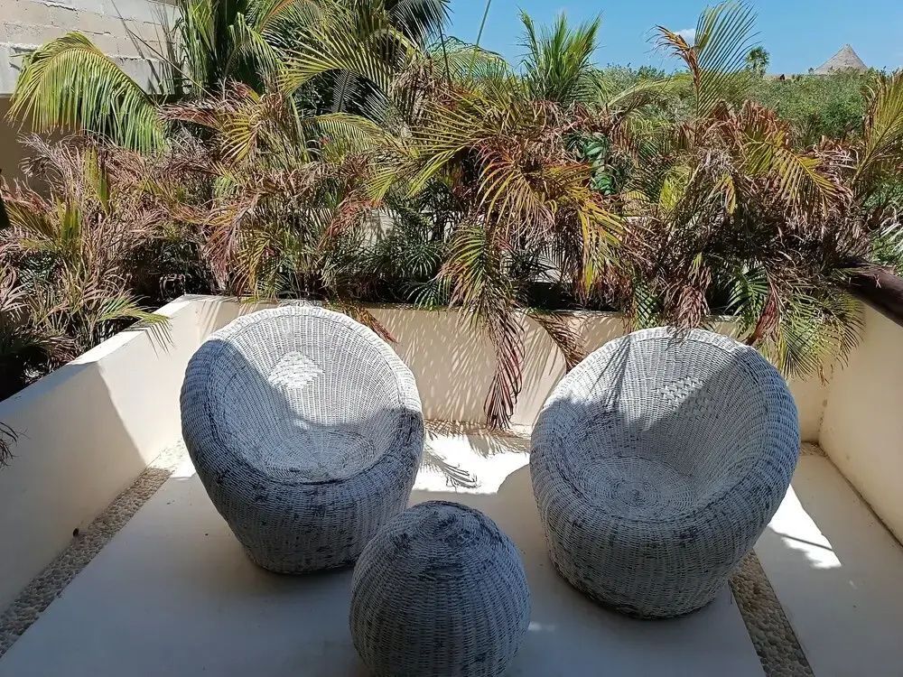 Sitzbereich auf einer Terrasse mit zwei Flechtsesseln und tropischen Pflanzen im Hintergrund.