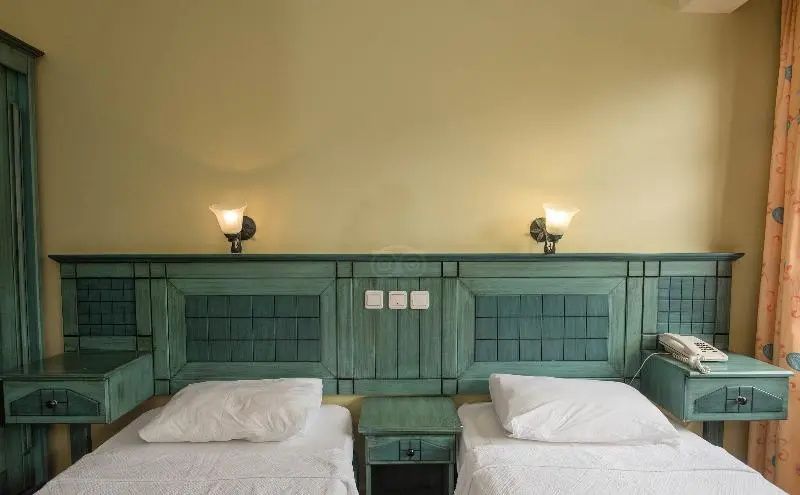 Zwei Betten mit grünem Kopfteil aus Holz, Nachttisch und Wandleuchten im Zimmer.