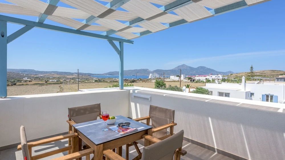 Überdachte Terrasse mit Esstisch und Stühlen sowie Blick auf die Landschaft und das Meer.
