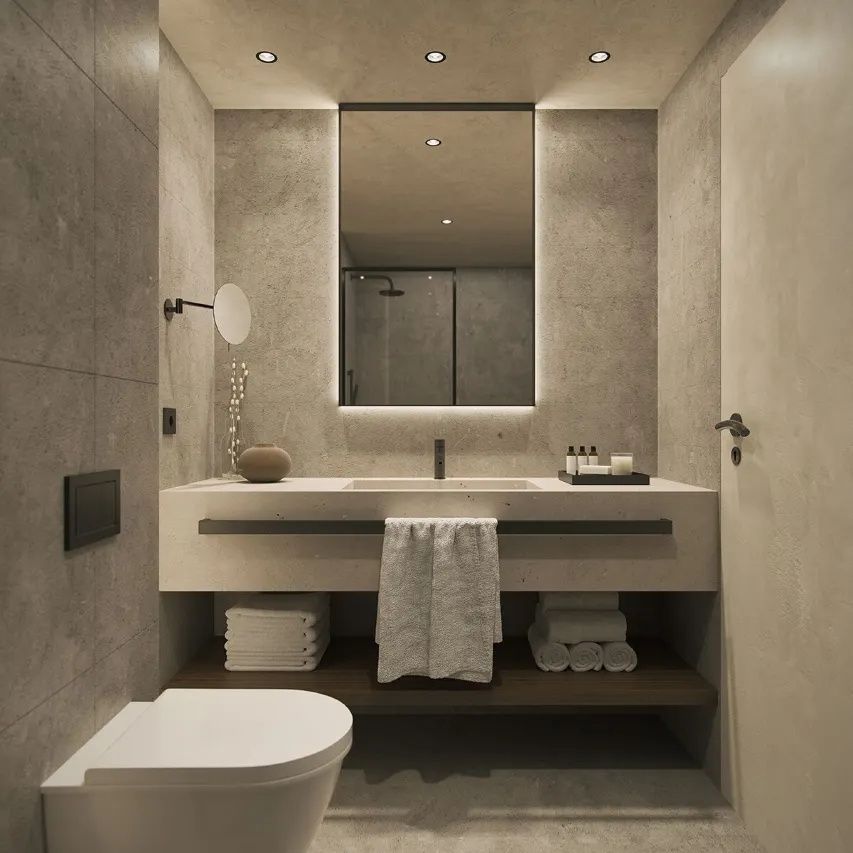 Modernes Badezimmer in Grautönen mit beleuchtetem Spiegel, Waschtisch aus Stein und Handtüchern.