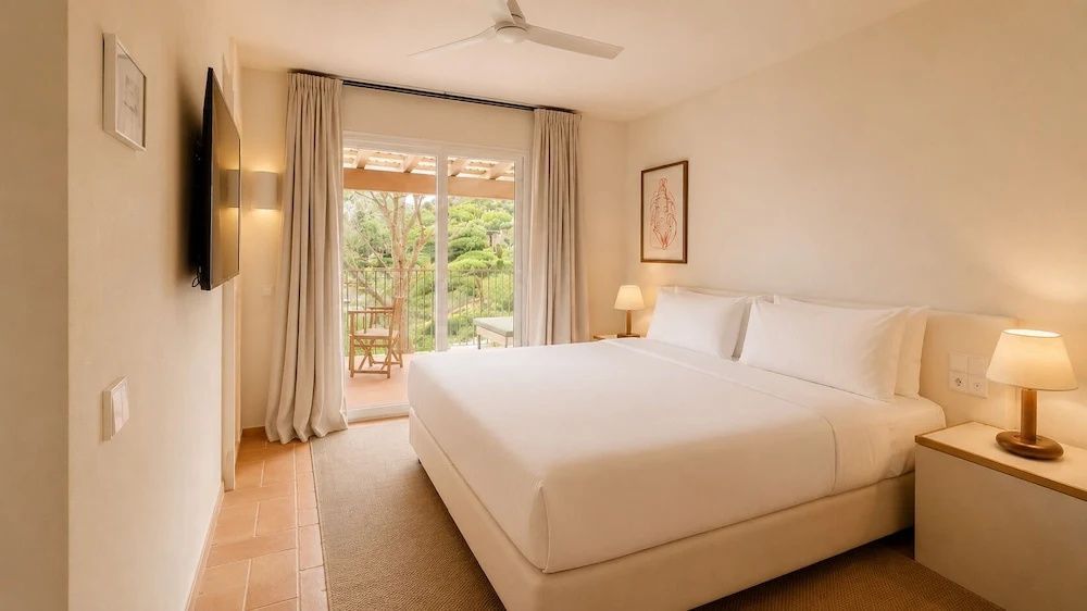 Schlafzimmer mit Doppelbett, Fliesenboden und Schiebetür zur Terrasse.