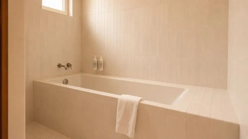 Weiße Badewanne an gefliester Wand mit aufgelegtem Handtuch im Badezimmer