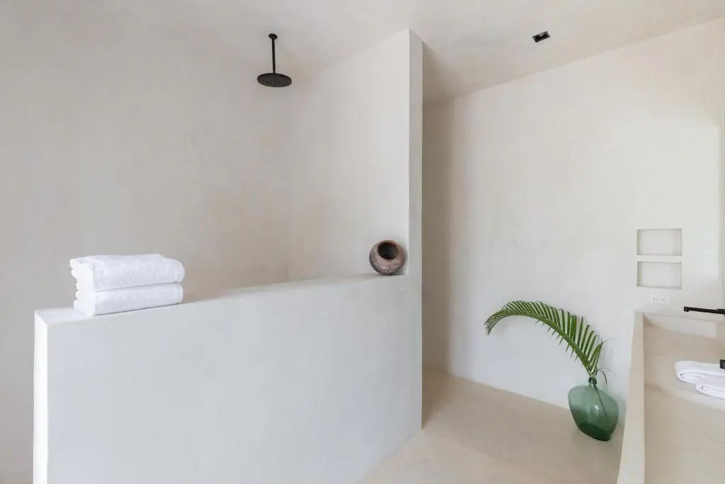 Helles Badezimmer mit Dusche, halbhoher Trennwand und einer Bodenvase mit Palmenblatt.