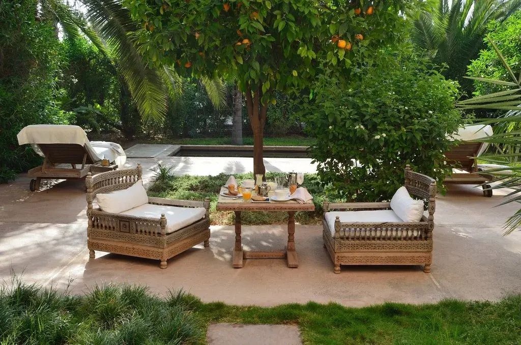 Gedeckter Tisch im schattigen Garten unter einem Zitrusbaum mit zwei verzierten Holzsesseln.