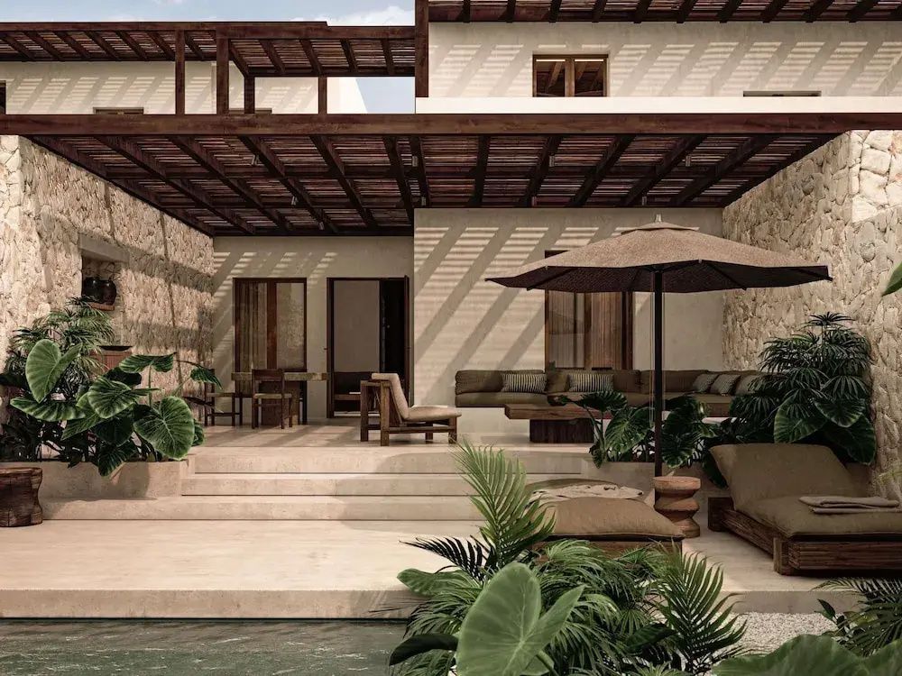 Überdachte Terrasse mit Holzpergola, Sitzmöbeln, Sonnenschirm und Pflanzen.
