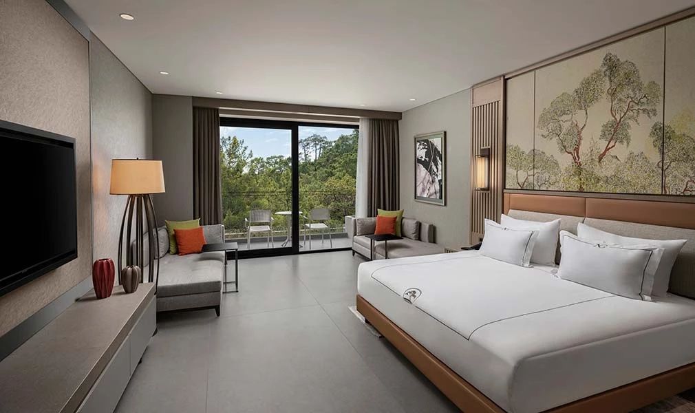 Hotelzimmer mit Doppelbett, Sitzbereich und Balkonaussicht ins Grüne.