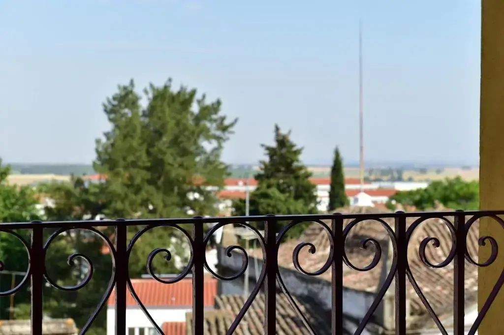 Aussicht von einem Balkon mit Schmiedeeisengitter auf Bäume und Dächer der Stadt.