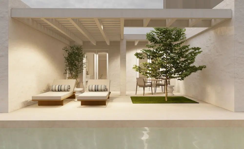 Überdachte Terrasse mit zwei Liegestühlen, einem Baum und Zugang zum privaten Pool.