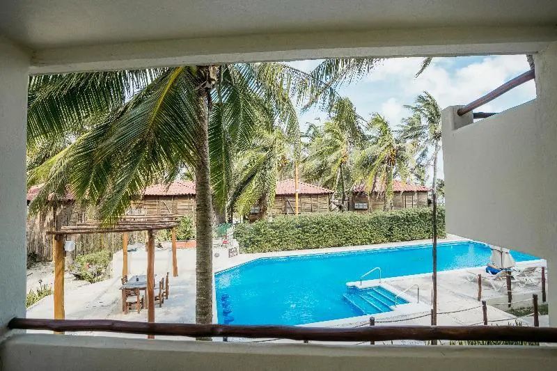 Blick vom Balkon auf das blau leuchtende Poolbecken und hohe Palmen im Garten.