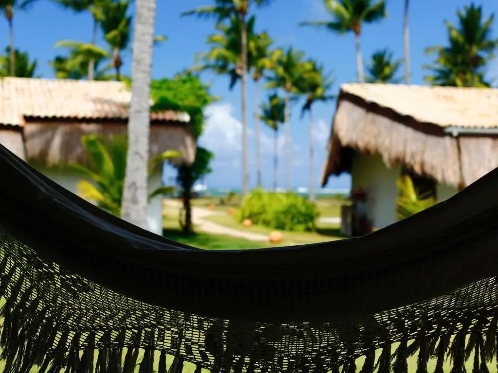 Blick aus einer Hängematte auf die Gartenanlage mit Bungalows und hohen Palmen.