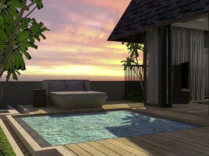 Sonnendeck einer Villa mit kleinem Pool und Outdoor-Liege bei Abendstimmung.