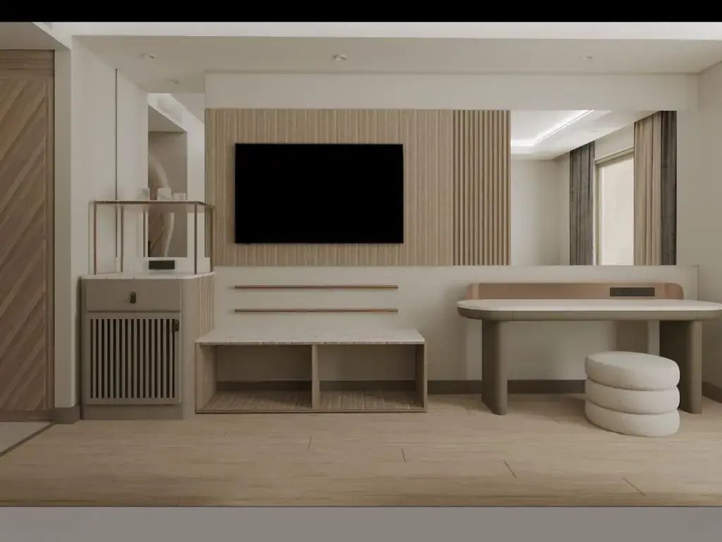 Zimmerbereich mit flachem Fernseher an Holzwand, Schreibtisch und Hocker.