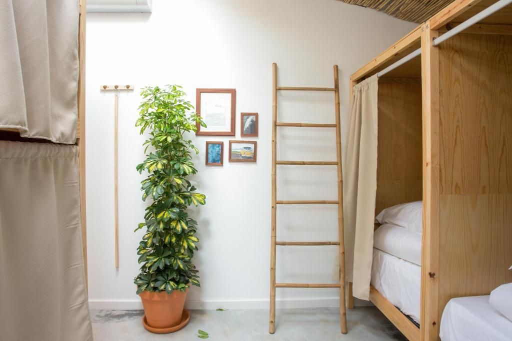 Zimmerdekoration mit Topfpflanze, Bambusleiter und Bilderrahmen neben einem Bett.
