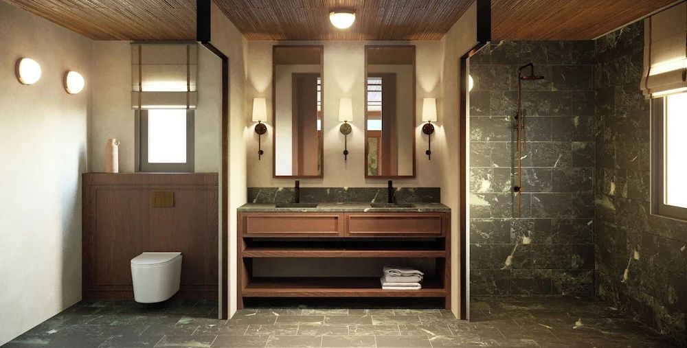 Badezimmer mit Doppelwaschtisch aus Holz, zwei rechteckigen Spiegeln und Wandlampen.