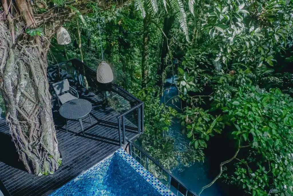 Holzterrasse mit Sitzgelegenheit und Infinity Pool mit Blick auf dichtes Grün und einen Fluss.