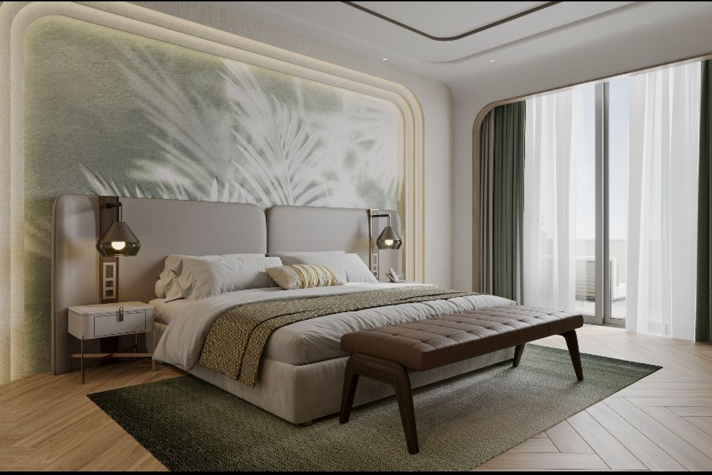 Modernes Schlafzimmer mit großem Doppelbett, gepolstertem Kopfteil und brauner Lederbank.