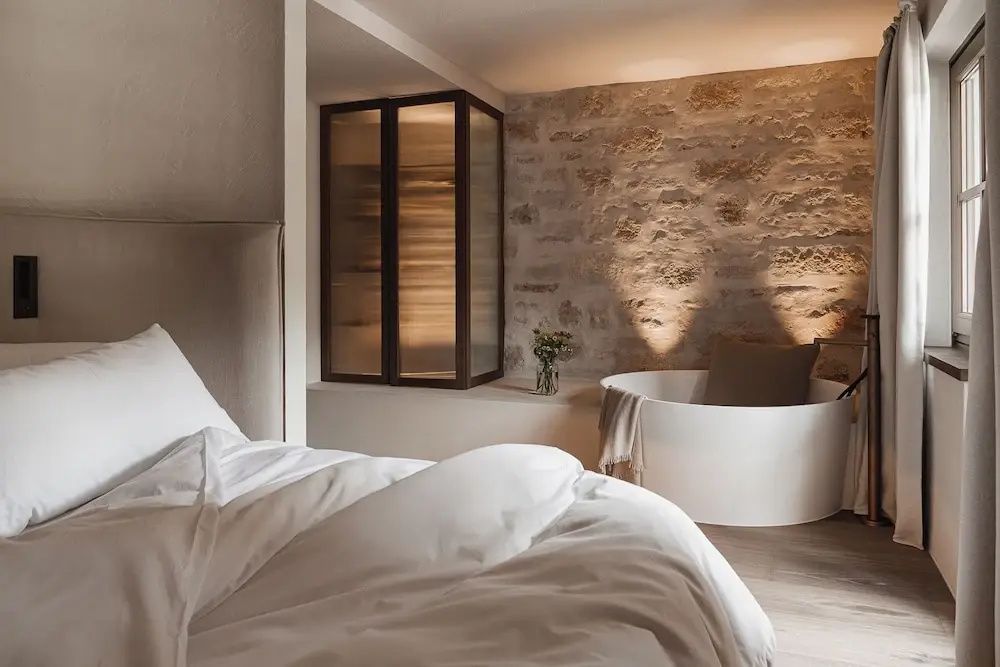 Schlafbereich mit weißem Bett, freistehender Badewanne und eigener Glassauna vor einer Natursteinwand.
