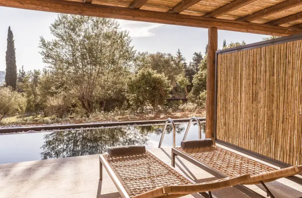 Überdachte Terrasse mit zwei Liegestühlen direkt am Poolrand und Blick ins Grüne.