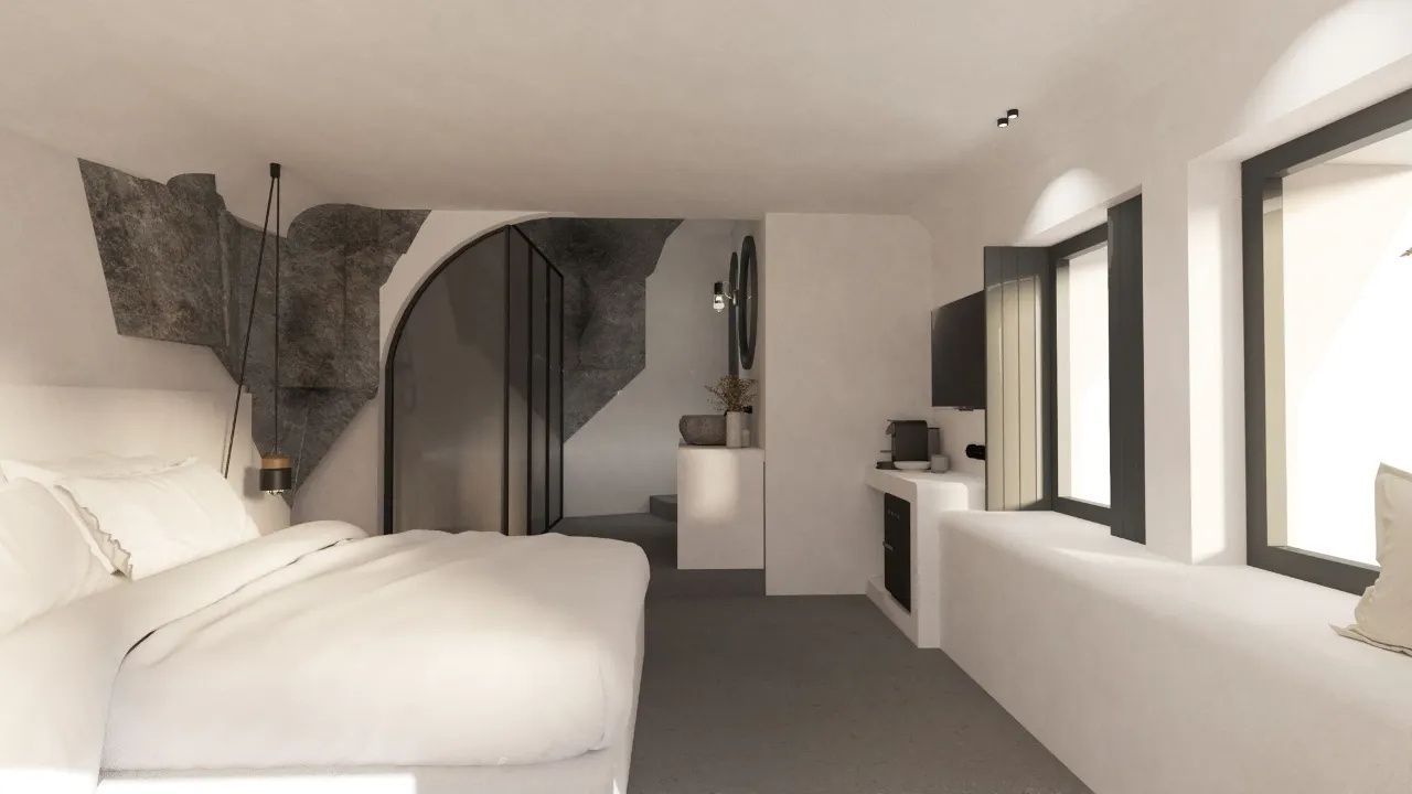 Minimalistisch eingerichtetes Zimmer mit Doppelbett, dunklem Bogen und Fernseher.
