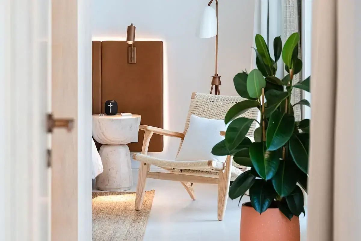Sitzecke im Hotelzimmer mit einem Holzstuhl, brauner Wandverkleidung und einer Zimmerpflanze.