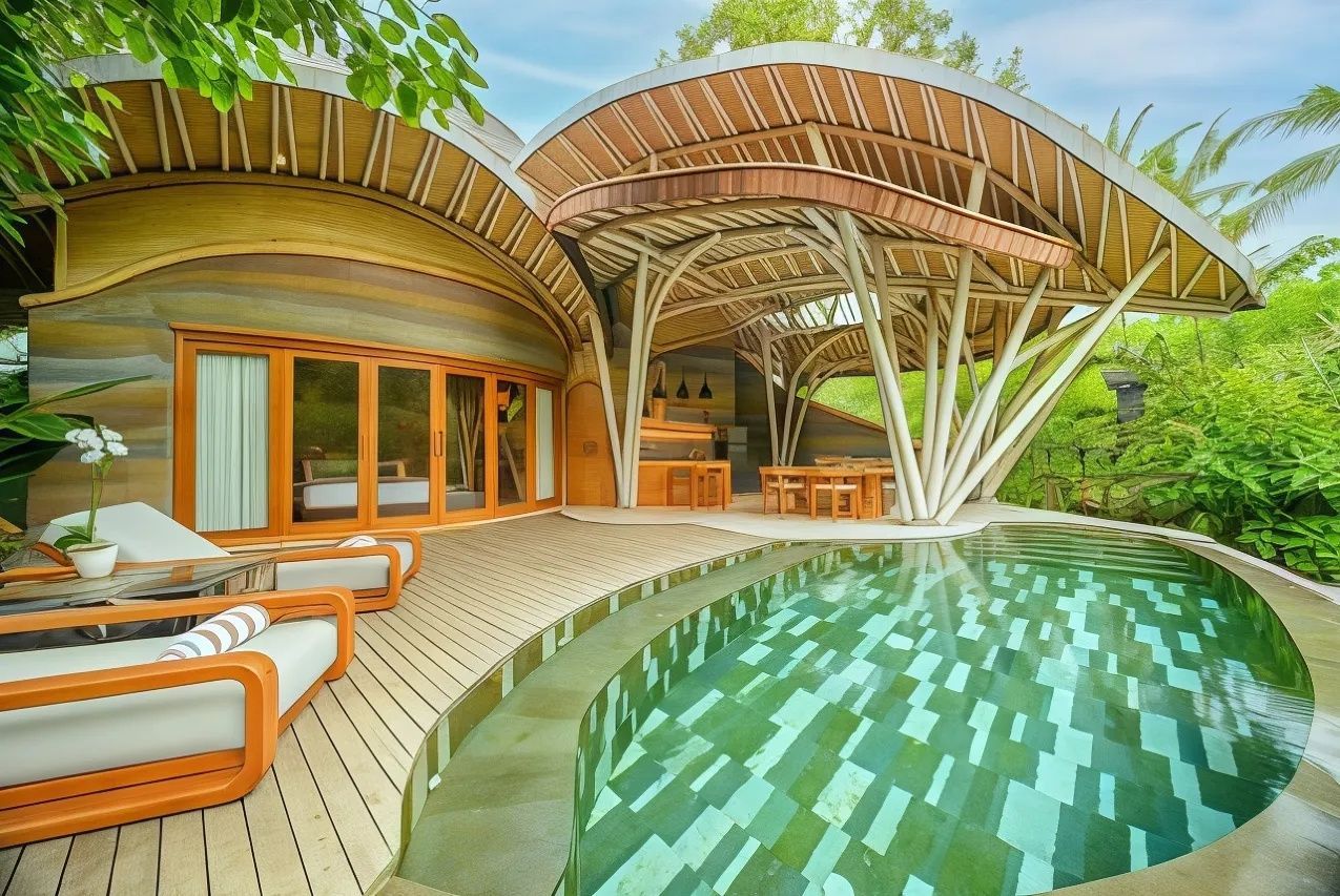 Gebäude mit geschwungener Bambusüberdachung, Holzterrasse, Liegestühlen und einem Pool.