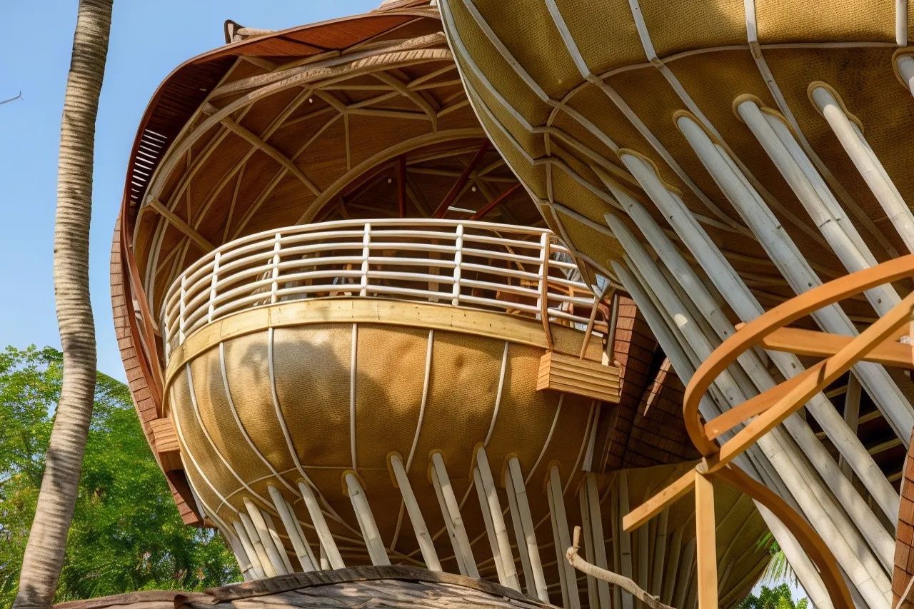Ausgefallene Bambusarchitektur des Resorts mit geschwungenen Balkonen und Naturmaterialien.