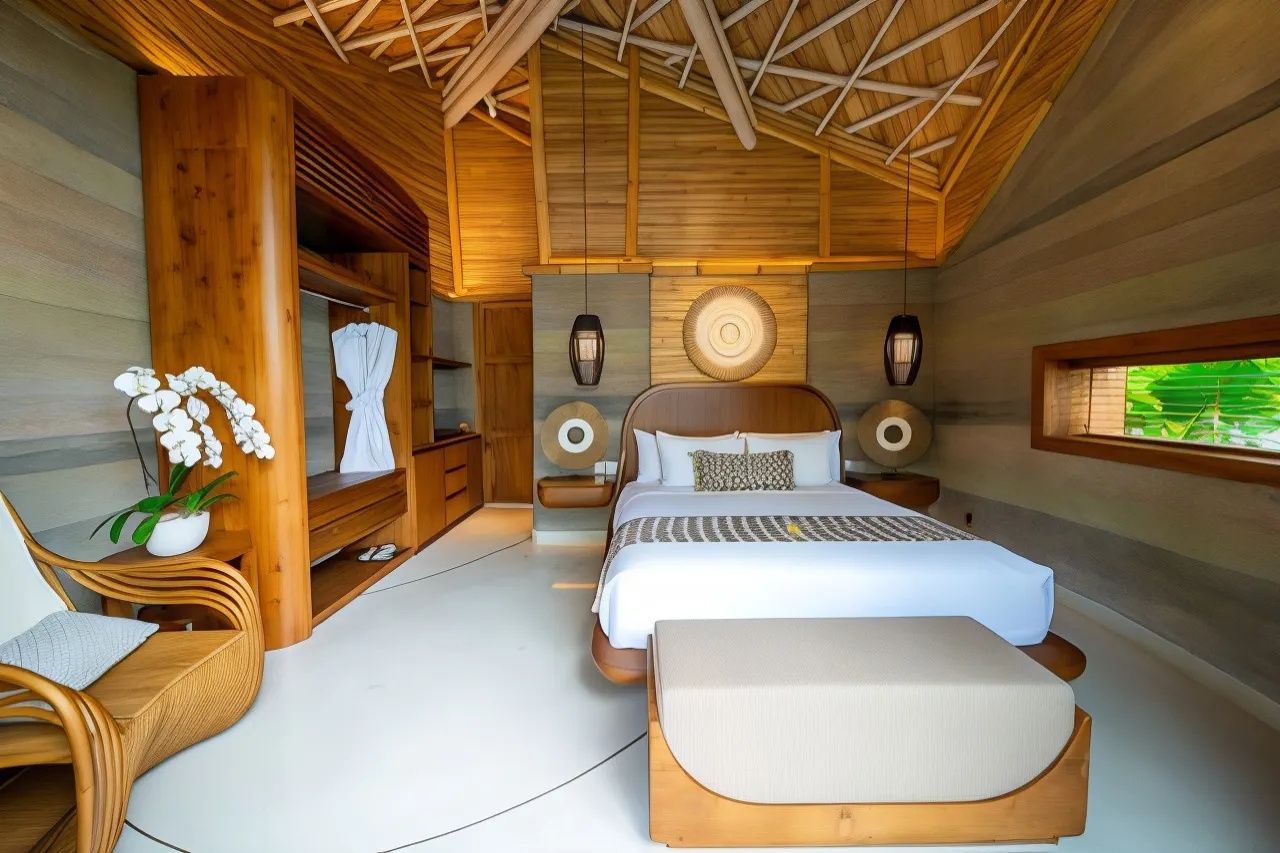 Geräumiges Schlafzimmer mit Bambusdach, Holzkleiderschrank und großem Doppelbett.