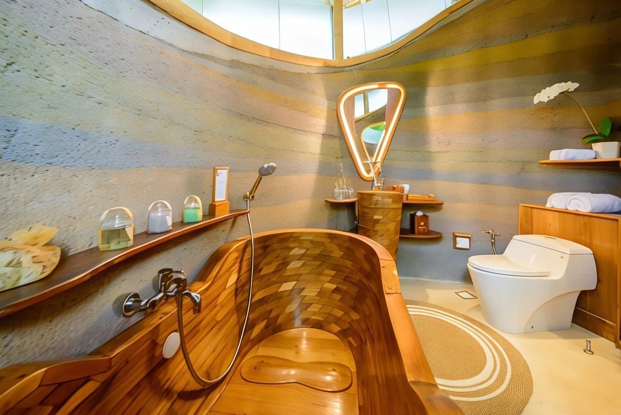Badezimmer mit einer ovalen Holzbadewanne, beleuchtetem Spiegel und Wänden aus Stampflehm.