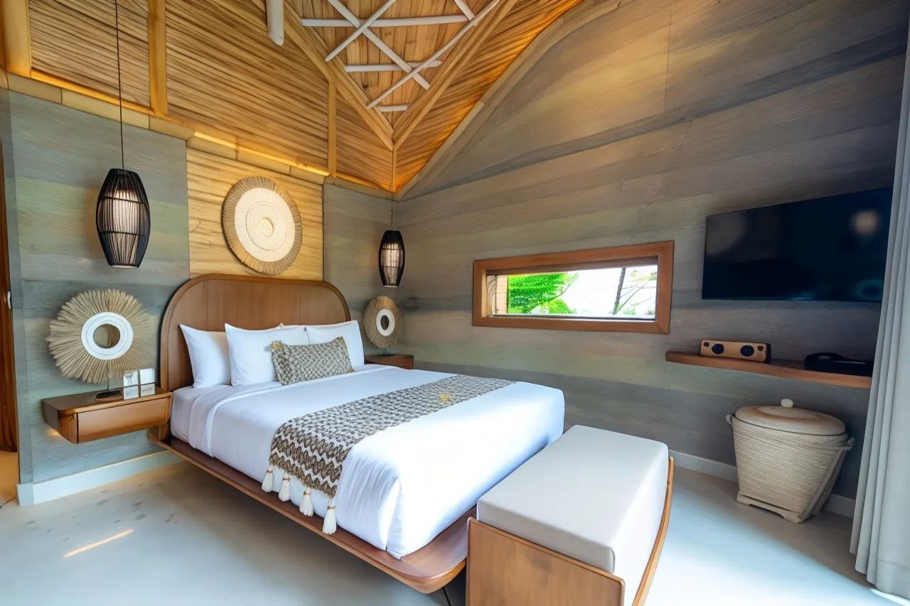 Schlafzimmer mit Doppelbett, Wandfernseher und hohem Dachbereich aus Bambuselementen.