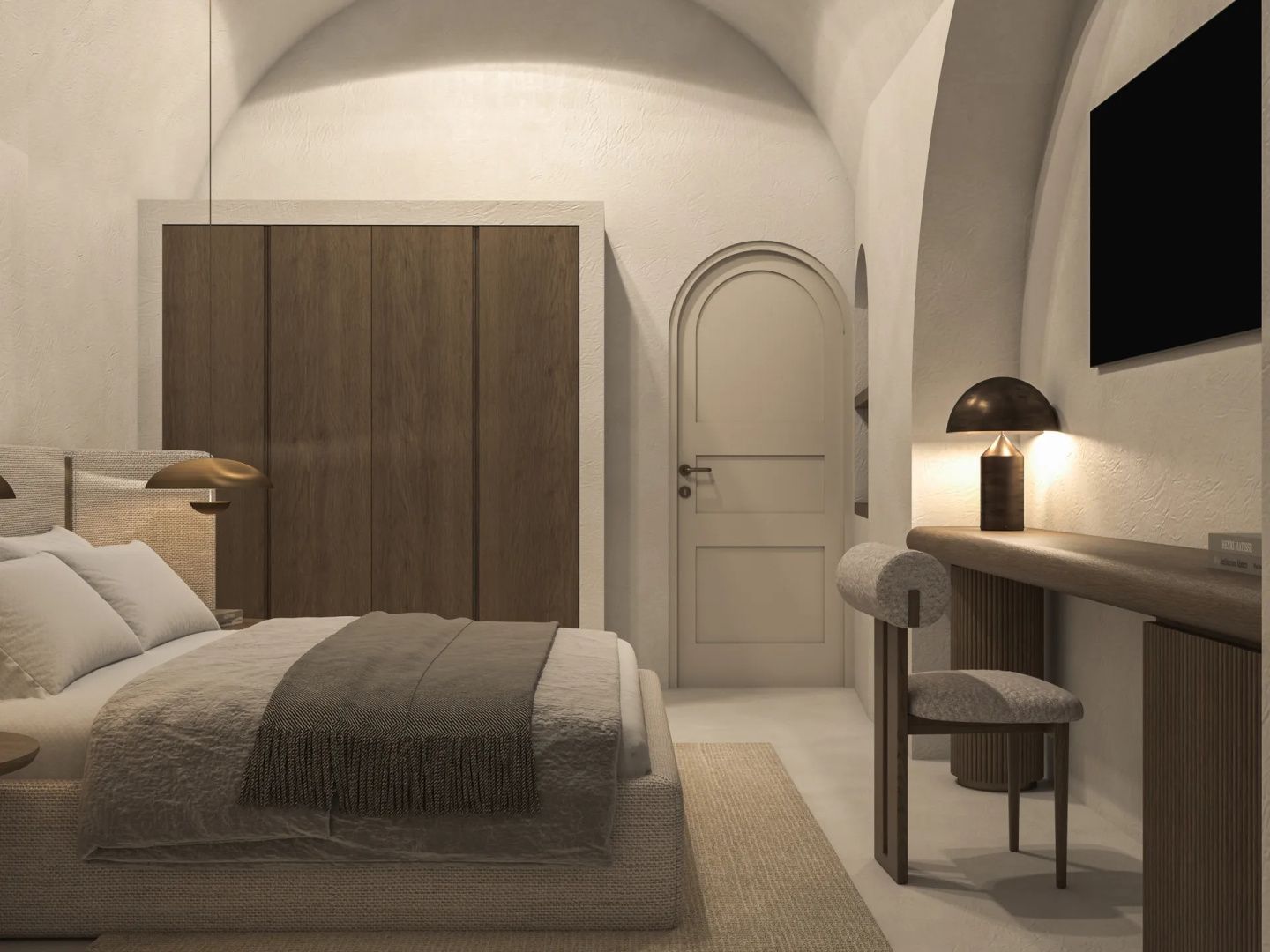 Schlafzimmer mit Rundbogendecke, Holzschrank, Schreibtisch und einer gewölbten Zimmertür.