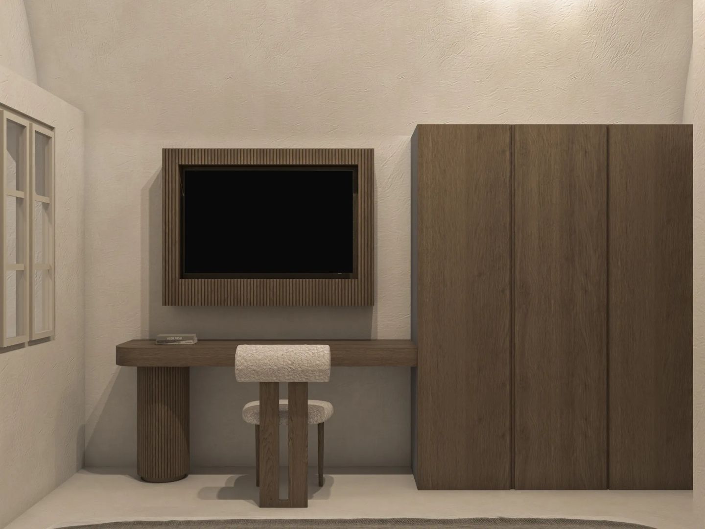 Schreibtisch aus Holz mit Stuhl und Fernseher neben einem großen Kleiderschrank.