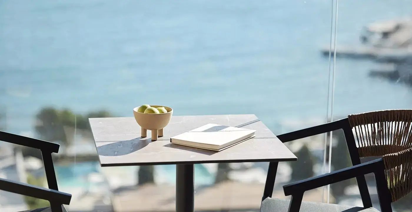 Nahaufnahme eines Tischs mit einer Schale Limetten und Buch vor Meereshintergrund.