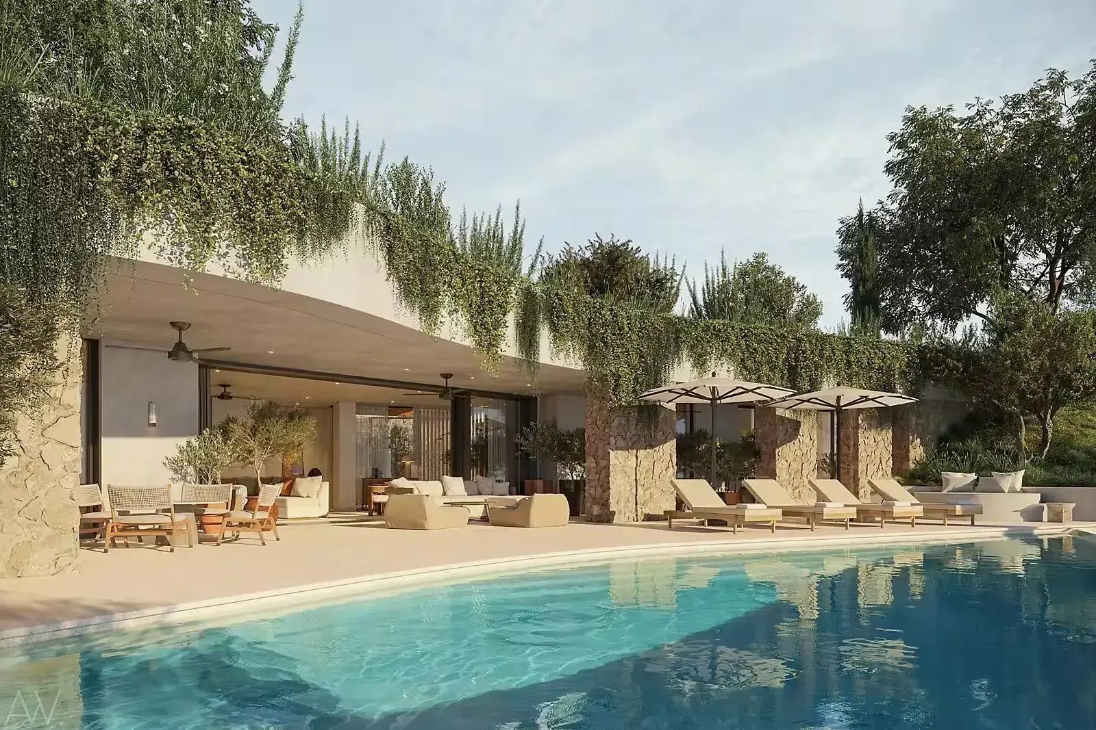 Außenbereich mit Swimmingpool, Sonnenliegen und bepflanztem Dach der Terrassenanlage.