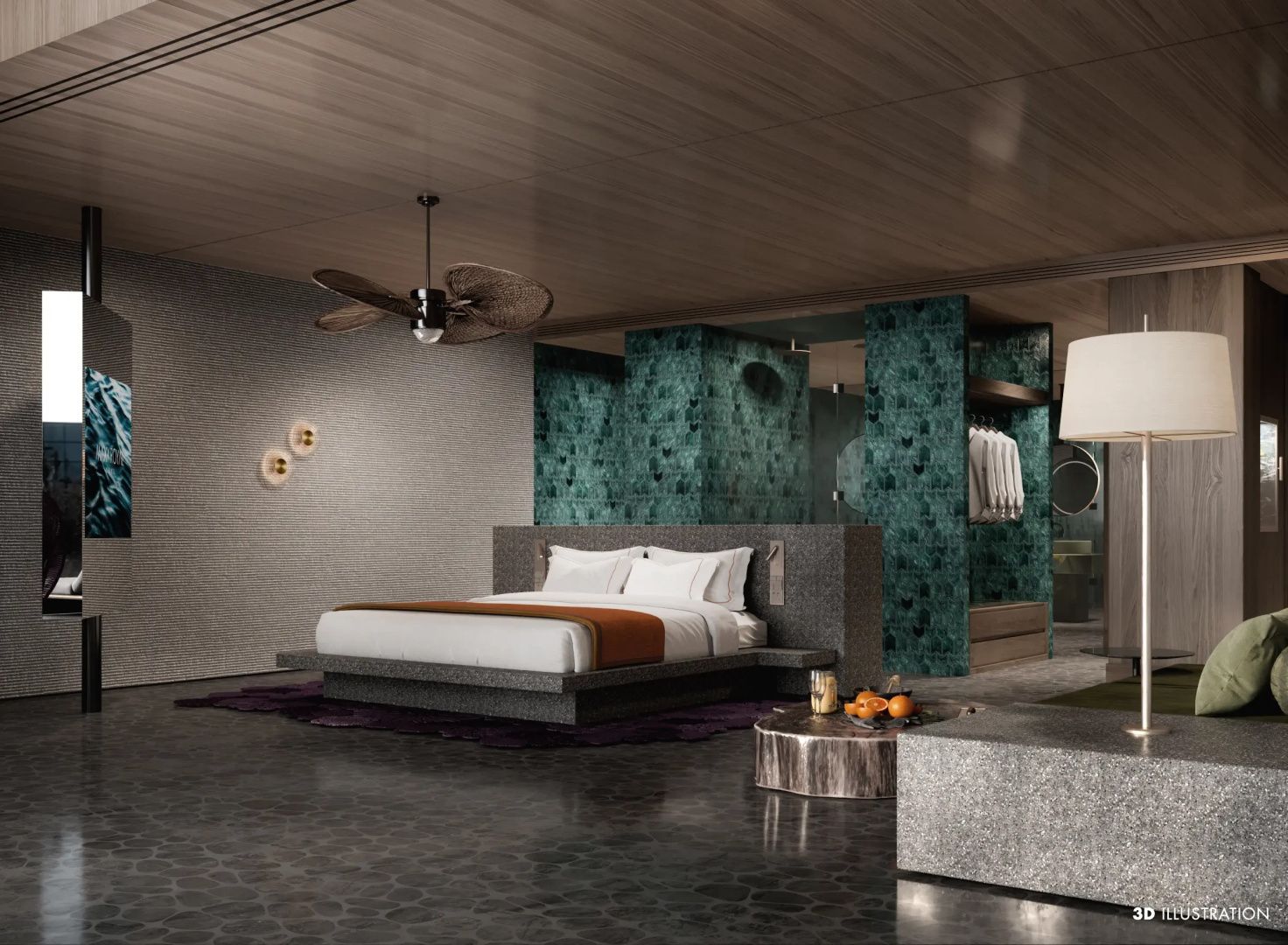 Schlafzimmer mit Doppelbett, dunklem Steinboden und grünen Wandakzenten