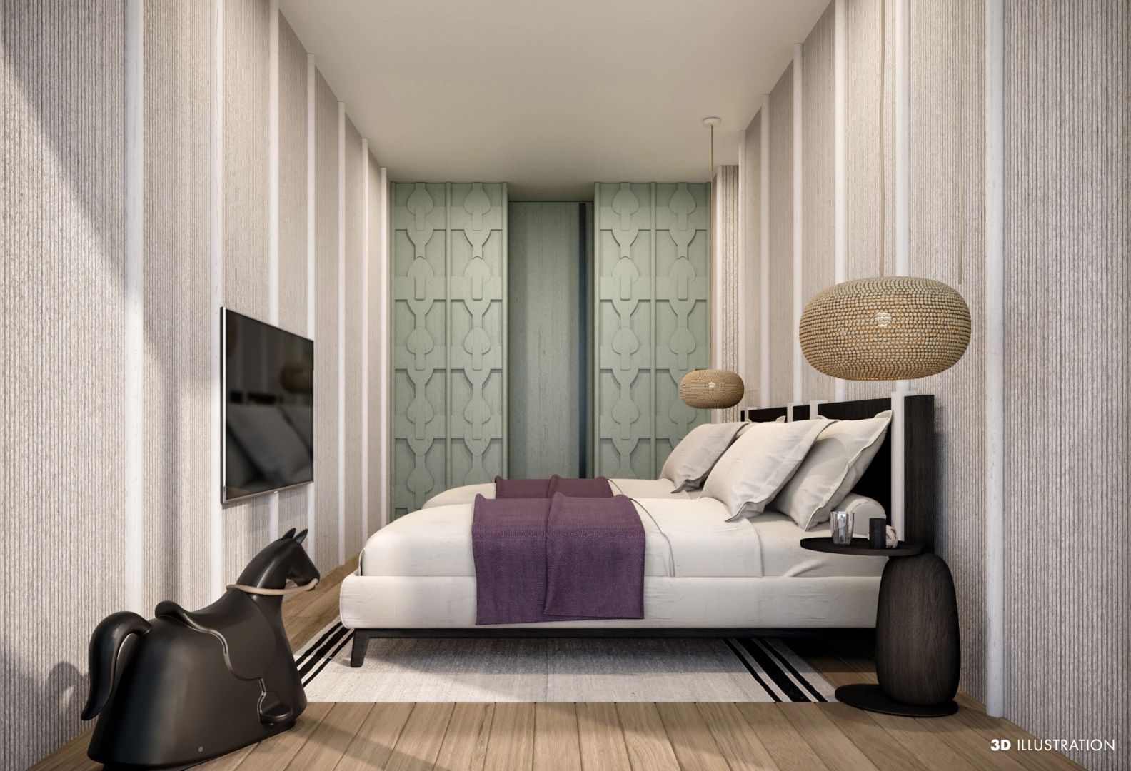 Modernes Schlafzimmer mit zwei Betten, Fernseher an der Wand und hellem Holzfußboden.