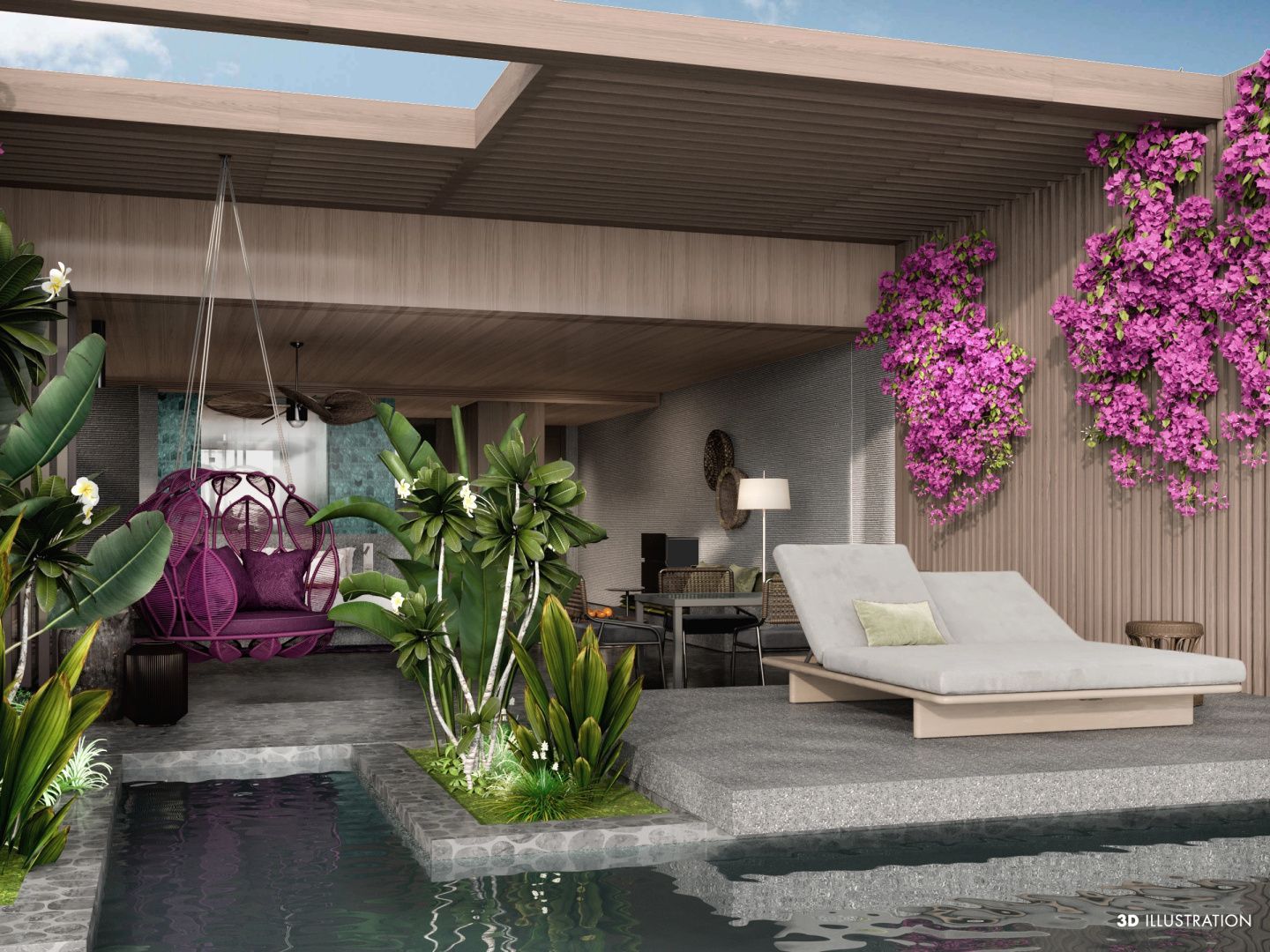 Terrasse mit integriertem Pool, Hängesessel und Liegestuhl neben Pflanzen
