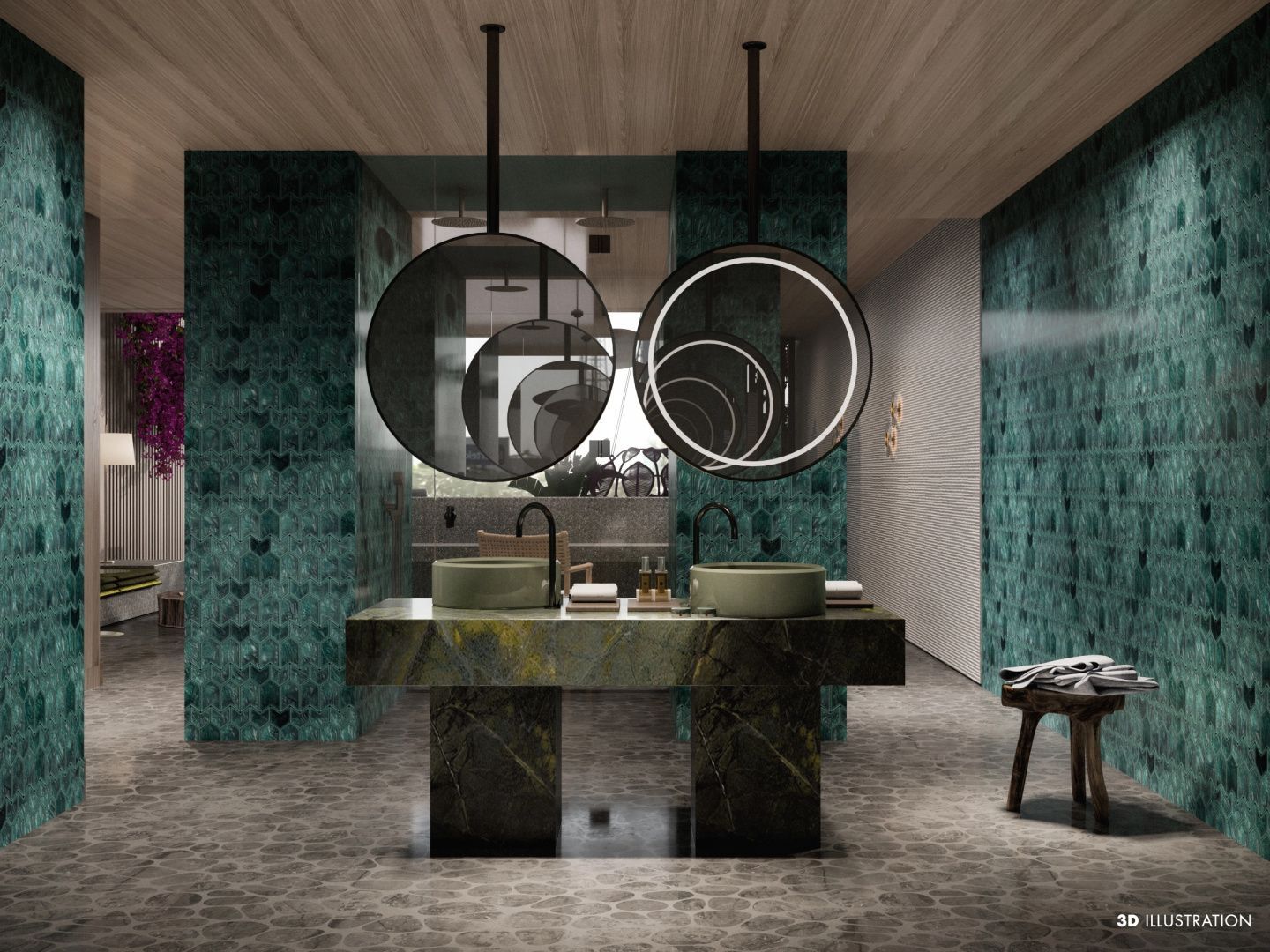 Badezimmer mit doppeltem Waschtisch, runden Spiegeln und grünen Wandfliesen