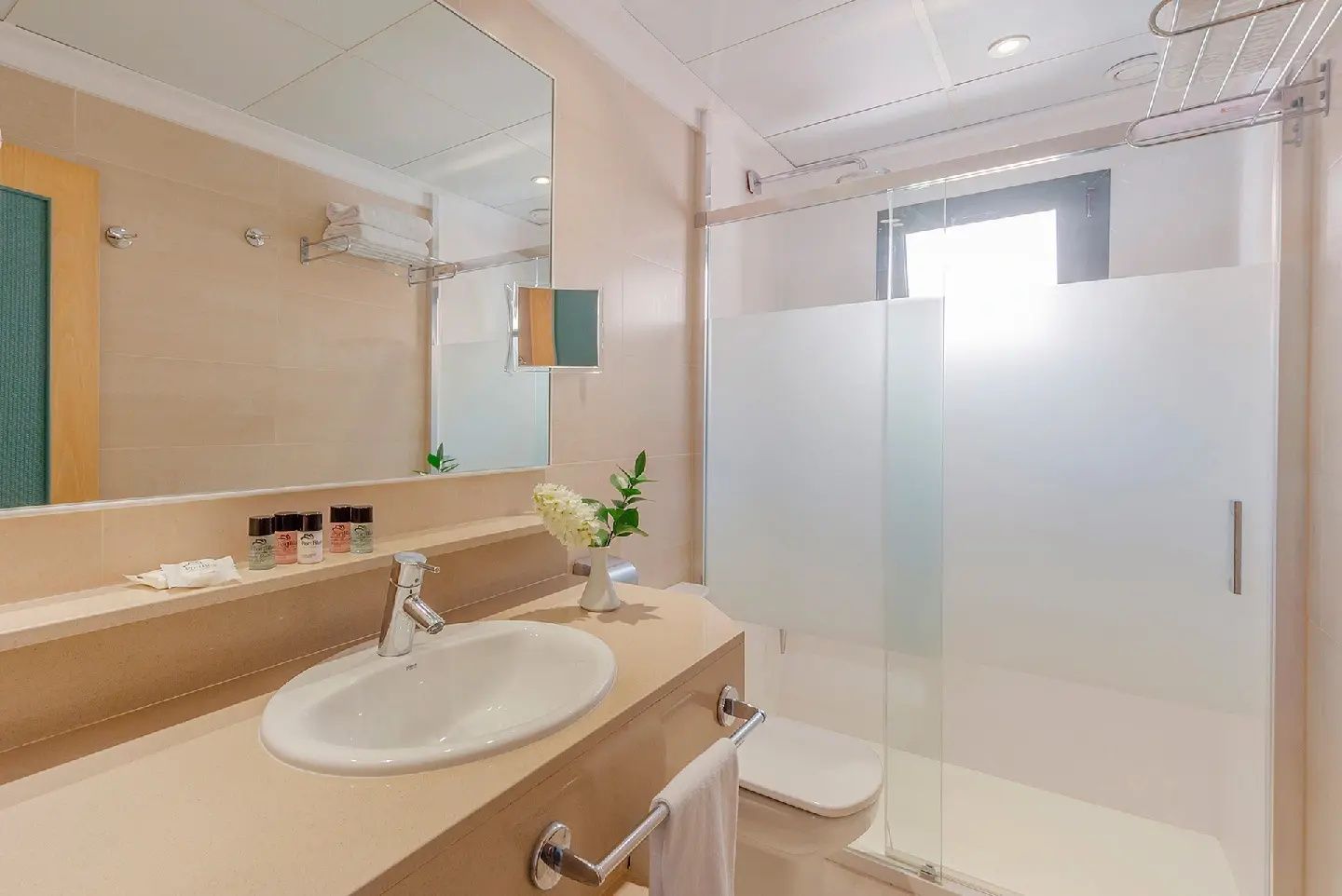 Badezimmer im Hotel mit einem großen Spiegel, Waschtisch, Toilette und einer ebenerdigen Dusche.