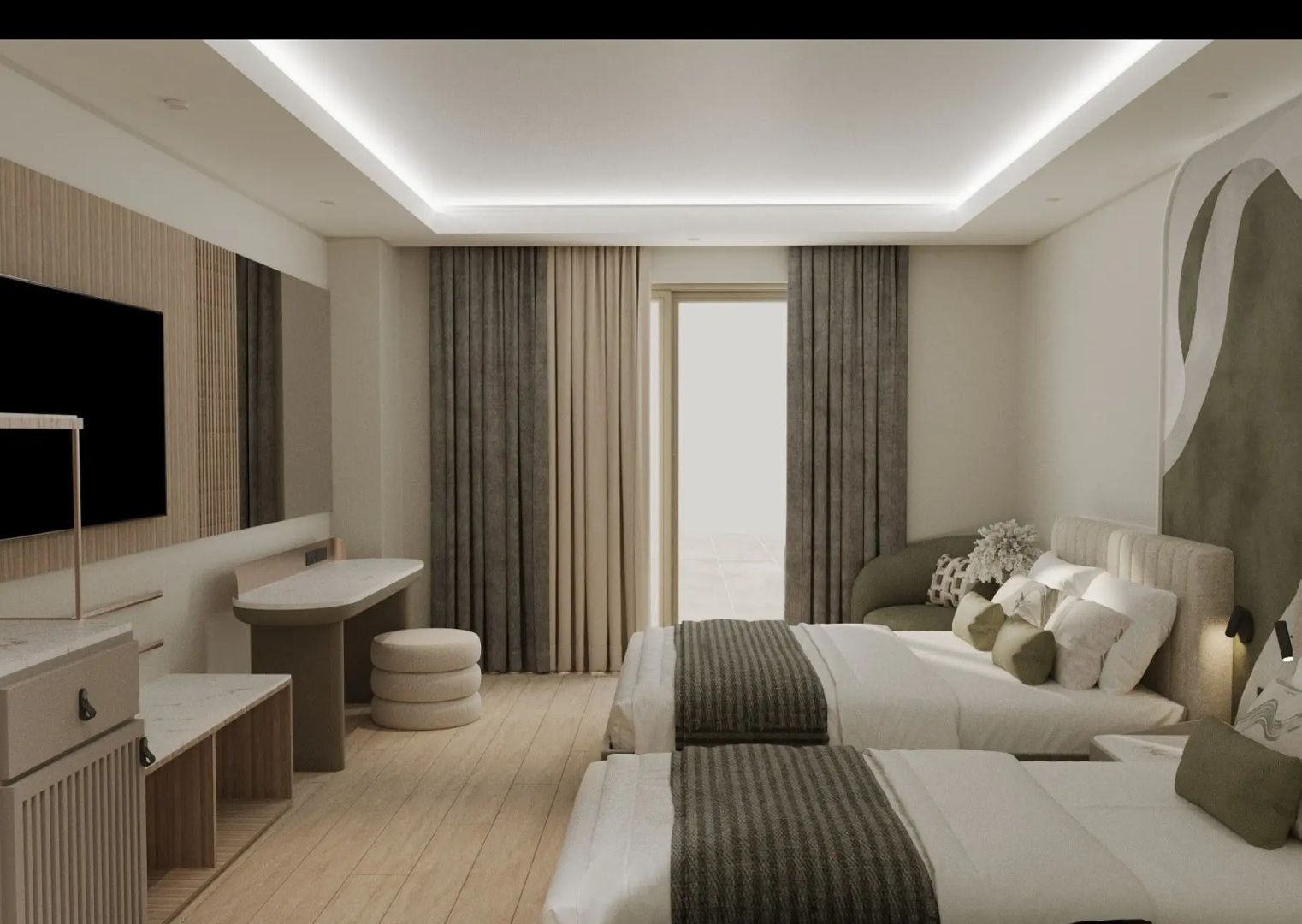 Helles Hotelzimmer mit zwei Einzelbetten, Schminktisch, Vorhängen und Balkonzugang.