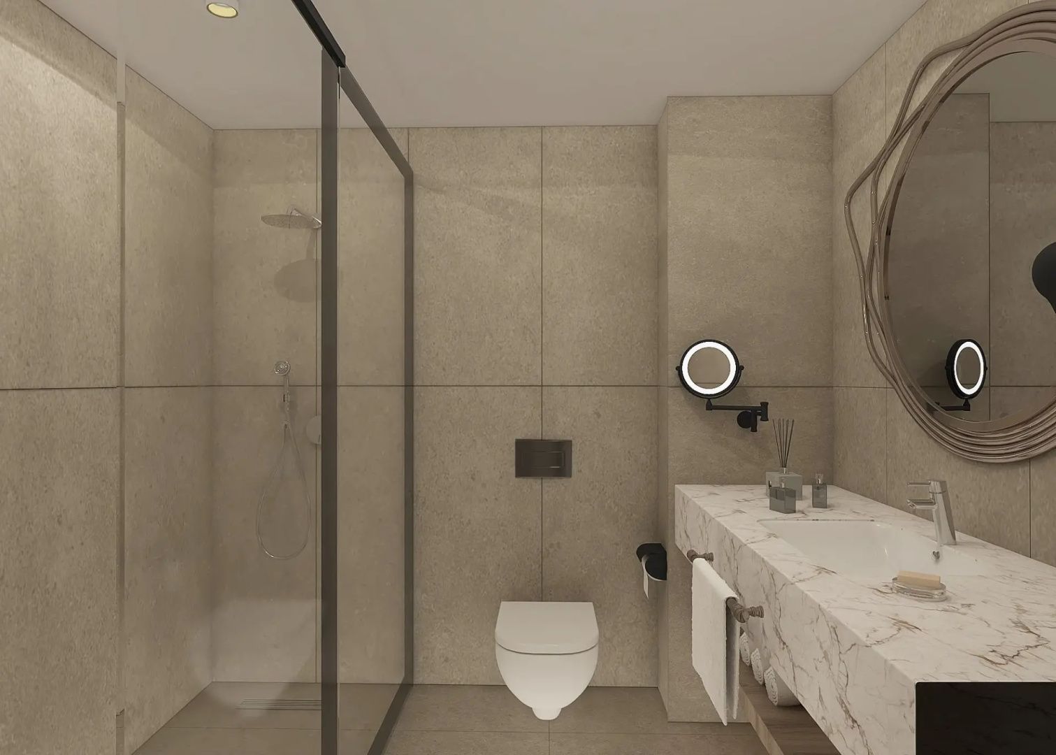 Badezimmer mit beigefarbenen Fliesen, begehbarer Dusche und Waschtisch.