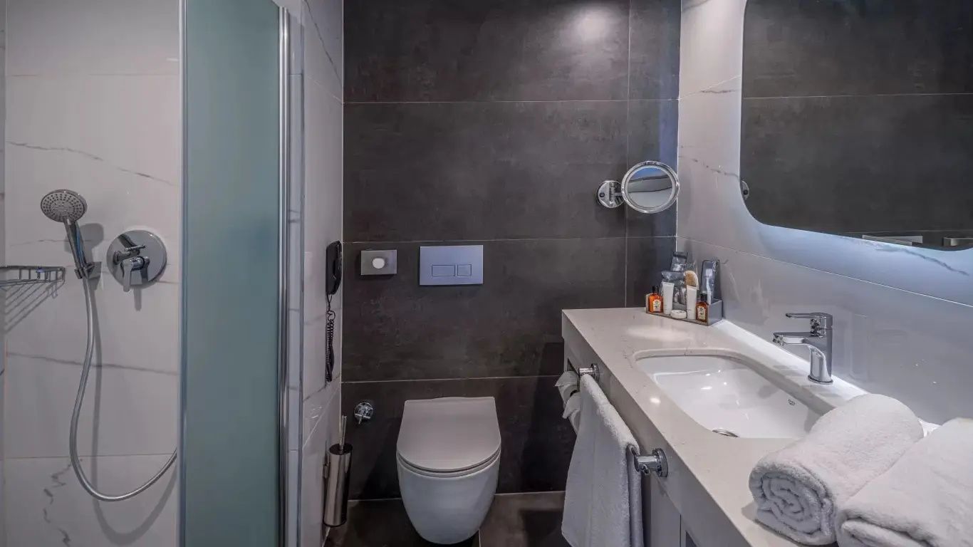 Badezimmer mit dunklen Fliesen, Wand-WC und hellem Waschtisch.