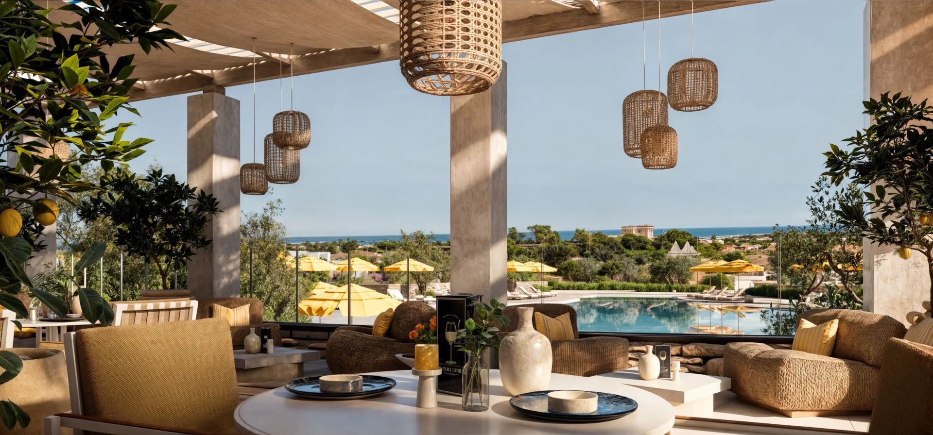 Überdachte Terrasse mit Flechtlampen und Blick auf den Außenpool und das Meer.