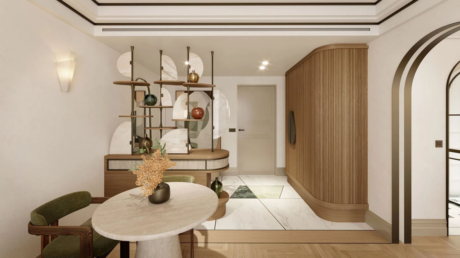 Eingangsbereich einer Suite mit Holzverkleidung, modernem Regal und einem runden Esstisch.
