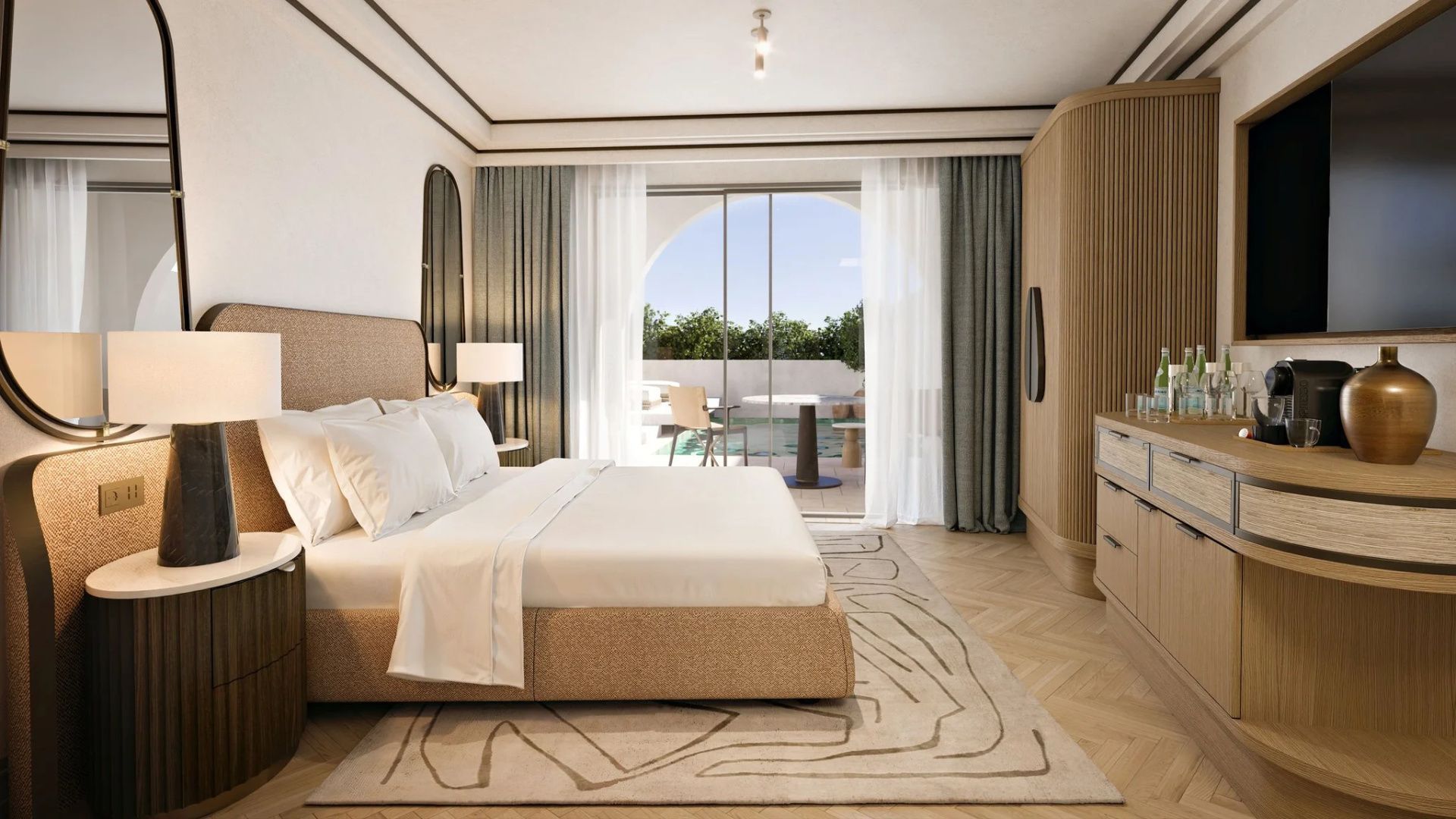 Modernes Schlafzimmer mit Doppelbett und großem Fenster zur eigenen Terrasse mit Pool.