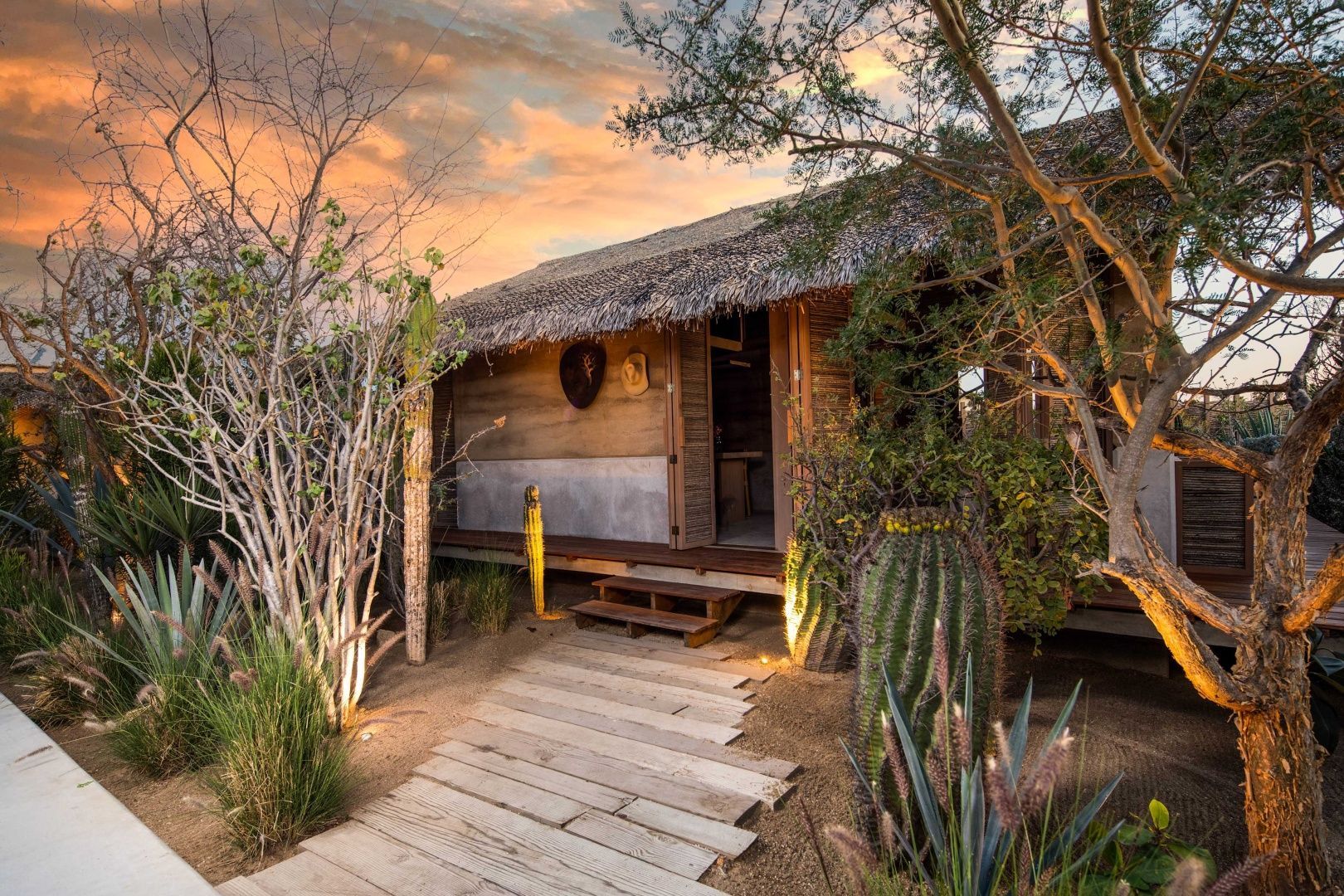 Bungalow aus Holz mit Reetdach umgeben von Kakteen und Wüstenpflanzen bei Abenddämmerung.